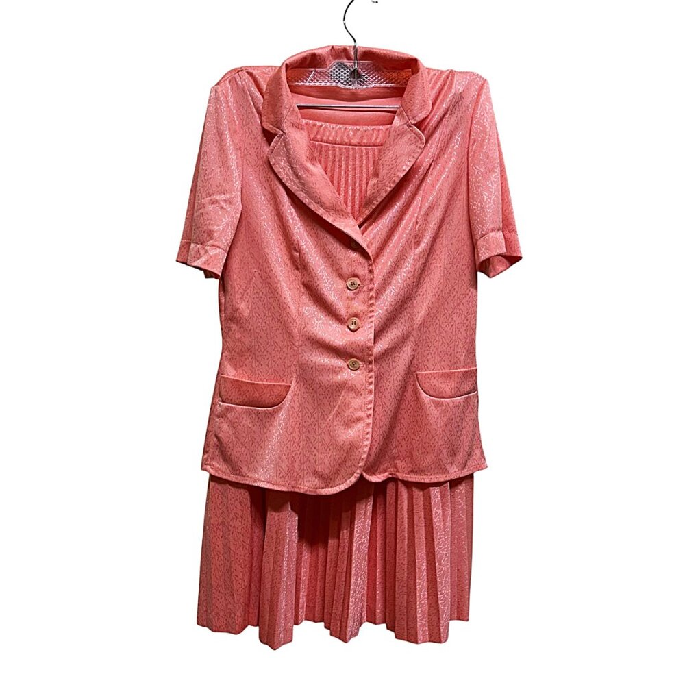 VTG 80s 90s Peach Coral Short Sleeve Blazer & Pleated Midi Skirt Set Size 10 - Picture 2 of 7
